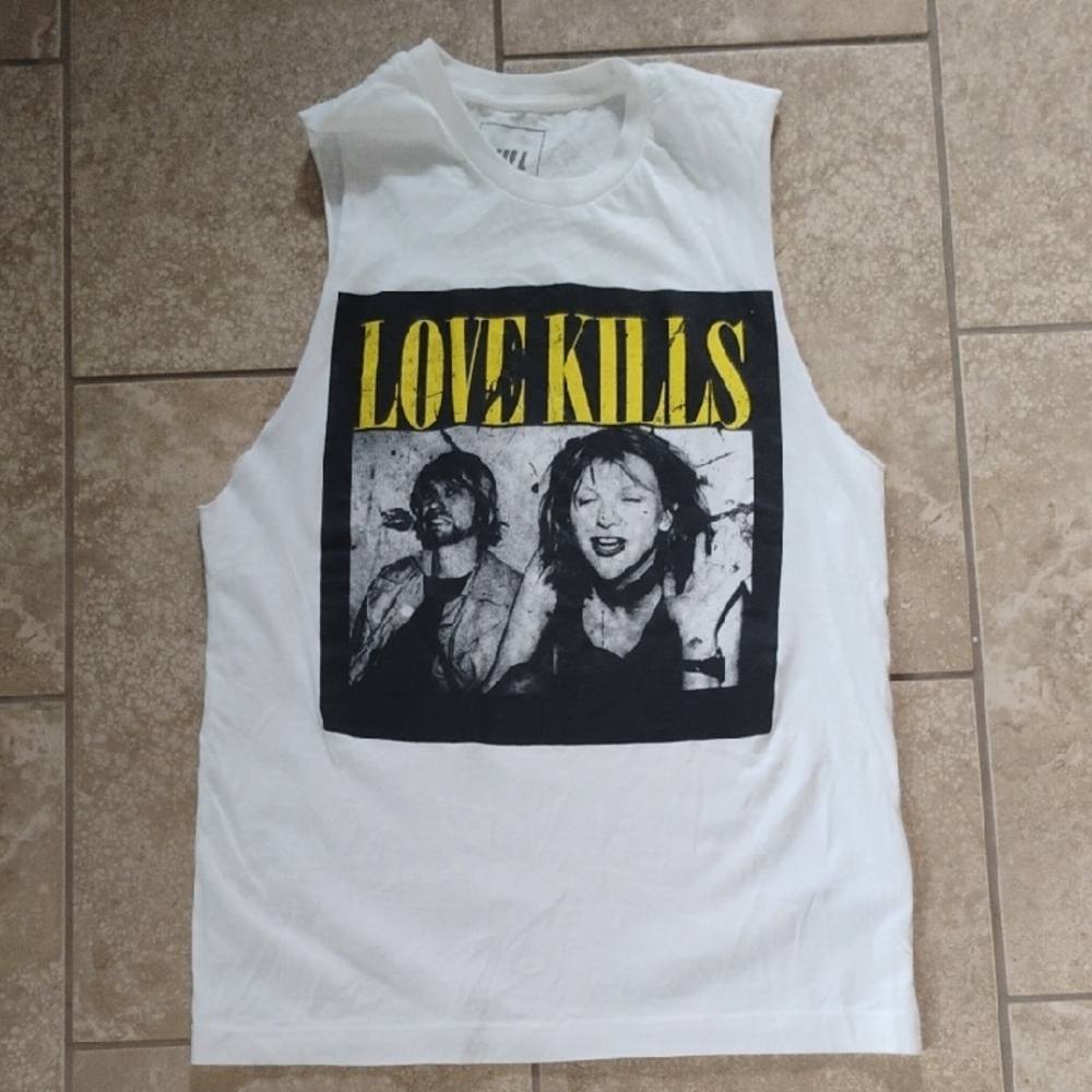 Kill Brand | "Love Kills" Kurt Cobain Graphic Muscle Tee | Unisex S | NWOT